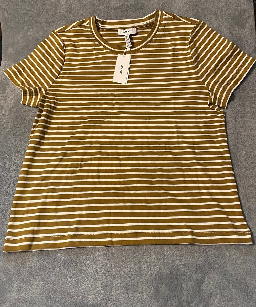 Spanx Crew Tee Women’s L Brown Striped 100% Cotton Relaxed Casual NWT